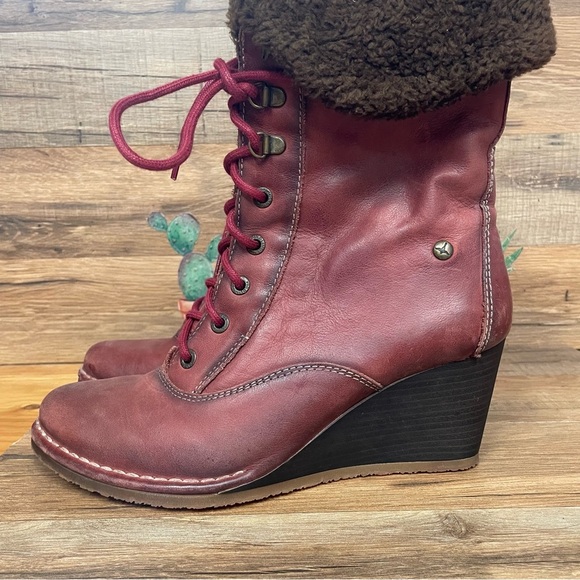 Pikolinos women’s burgundy leather wedge boots size 9 / 40 fold over top - Picture 10 of 10